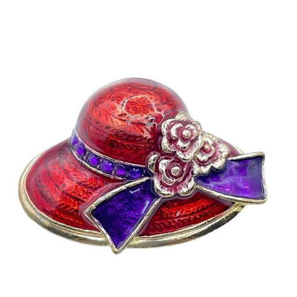 Red Hat Society Brooch Pin Red Enamel Purple Scarf Tie Flowers Gold Tone Trim 3D - Picture 7 of 10